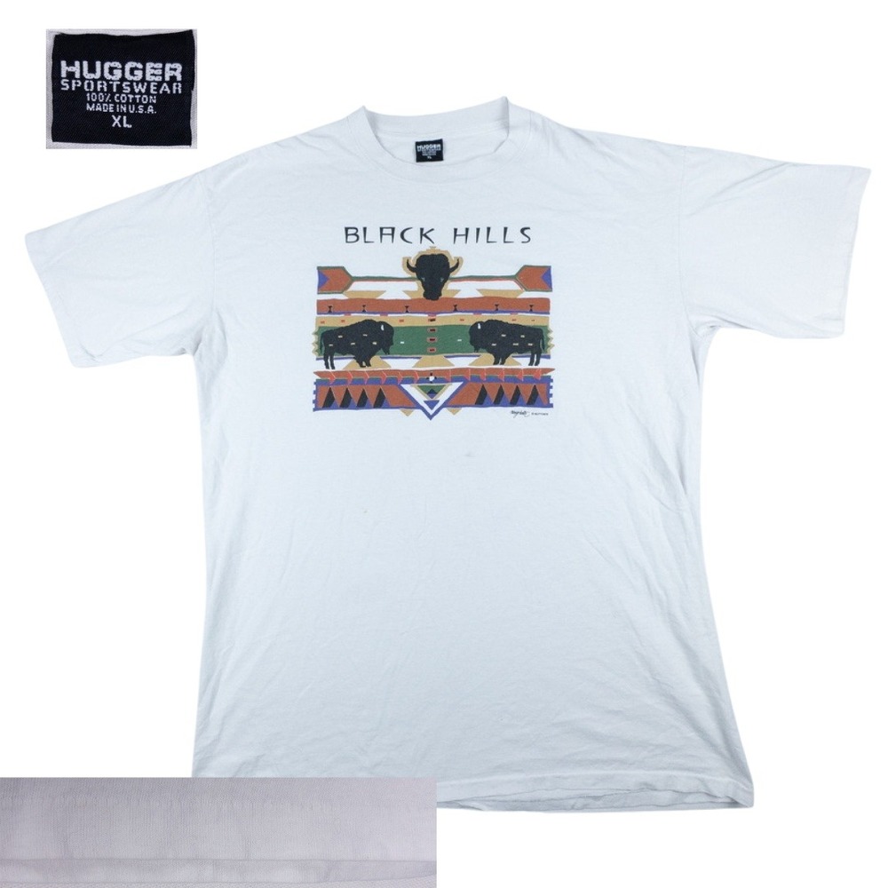 Hugger Black Hills Bison Tee Mens XL White Southwest Single Stitch Vintage 90s